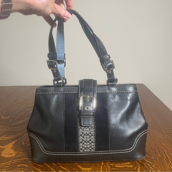 Coach Hampton Black and Blue Leather Satchel - Picture 1 of 14